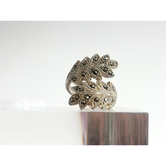 Art Deco Marcasite Foliage Bypass Shank Crossover Milgrain Vintage Ring - sz 7 - Picture 2 of 10